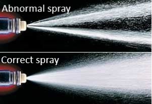 Fuel injectors showing abnormal and correct spray patterns